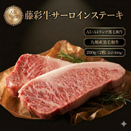 とろける脂、溢れる肉汁。贅沢サーロインステーキ。藤彩牛サーロインステーキ 200g×2枚（合計400g）